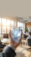 Businessman hand holding glowing sphere with scales of justice icon in modern office representing legal compliance and corporate governance.
