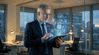 Senior businessman in formal attire holding tablet with digital security hologram overlay in modern office environment, representing cybersecurity, data protection, and technology solutions.