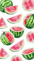 Watercolor watermelon slices and whole fruits scattered on white background. Fresh summer fruit pattern for textile, packaging, kitchen decor and food design projects.