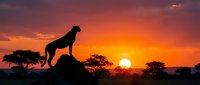 Lion standing on rock at sunset in African savanna landscape with acacia trees and golden sky, wildlife nature scene.
