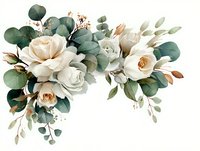 Elegant floral arrangement with white roses and eucalyptus leaves on transparent background, perfect for wedding invitations and greeting cards.