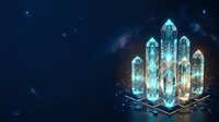 Glowing crystal towers with turquoise and golden light emit digital energy against a starry night sky, representing futuristic technology and innovation for sci-fi designs.