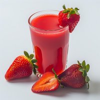 Fresh strawberry juice in glass with whole and cut berries on white background, healthy summer drink for menu design.