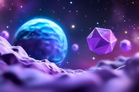 Mystical cosmic landscape with geometric crystal floating in space. Purple and blue ethereal scene features glowing planet and starry background over cloudy terrain.