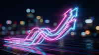 Neon glowing arrows trending upward on dark surface with bokeh city lights background representing business growth and financial success.