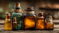 Collection of vintage apothecary bottles with cork stoppers containing colorful liquids on rustic wooden surface for natural medicine and herbal remedy concepts.