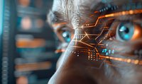 Close up view of bright blue eyes with digital circuit pattern overlay in orange and white, representing artificial intelligence and technological advancement.