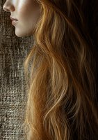 Side profile with flowing honey-blonde wavy hair against textured burlap background, soft natural lighting emphasizes hair's movement and shine. Perfect for beauty and haircare advertising.