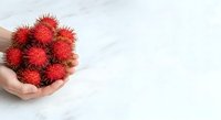 Hand holding fresh rambutan fruits with spiky red skin on white marble background, suitable for food, nutrition, and tropical produce marketing materials.