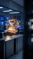 Businessman holding glowing hourglass with sparkling particles in modern tech office environment, symbolizing time management, deadline pressure, and business efficiency concepts.