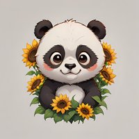 Adorable cartoon panda bear cub surrounded by bright yellow sunflowers and green leaves on gray background, featuring big expressive eyes and rosy cheeks.