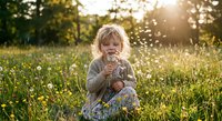 Young blonde toddler girl sitting in sunny meadow with dandelions during golden hour sunset, enjoying nature outdoors in spring or summer countryside setting.
