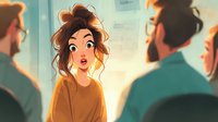 Young woman with messy bun hairstyle looking surprised while surrounded by group of men in casual clothing during golden hour lighting for storytelling concepts.