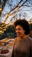 Happy young African American woman enjoying outdoor dinner party with string lights and food spread during golden hour evening celebration.