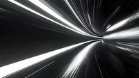 Dynamic black and white abstract with radial light streaks creating illusion of high-speed motion and tunnel effect, suggesting futuristic space travel or time warp.