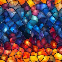 Abstract mosaic pattern with vibrant blue, orange, red and yellow cells creating stained glass effect. Seamless repeating design for fabric, wallpaper and surface patterns.