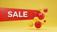 Red banner with white sale text on yellow background with floating colorful spheres for promotional marketing campaigns and discount advertising.