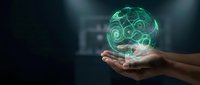 Hands holding glowing green sphere with gear mechanisms floating above palm representing innovation technology and mechanical engineering concepts.