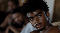 Young African American male model with natural black hair and intense gaze poses against blurred background, showcasing authentic expression and modern style.