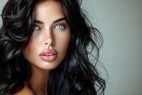 Beautiful young woman with bright blue eyes and full lips, perfect skin, and flowing dark wavy hair against soft gray background. Fashion beauty portrait ideal for cosmetic advertising.