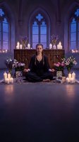 Young blonde woman meditating in gothic cathedral with candles and flowers creating mystical spiritual atmosphere for wellness and mindfulness practices.
