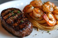 Grilled beef steak and sauteed shrimp with pasta on white plate, close up view of surf and turf dinner with herbs and seasonings, restaurant quality meal.