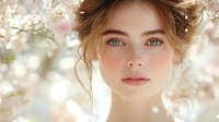Young Caucasian woman with natural makeup and loose updo hairstyle surrounded by delicate white spring blossoms, soft dreamy bokeh background creates romantic atmosphere.