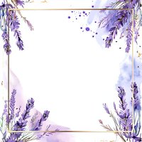 Elegant lavender frame with gold border on watercolor background, featuring purple floral elements and splatter details for wedding invitations.