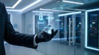 Businessman hand presenting holographic security lock interface in modern data center with blue lighting and server racks for cybersecurity technology concepts.