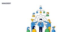 Business team management concept with diverse professionals around gear mechanism showing leadership and teamwork in corporate environment.