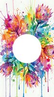 Vibrant watercolor floral wreath with colorful paint splashes and drips, featuring a white circle frame for text or logo placement.
