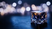 Crystal glass cube on dark surface with soft bokeh lights in background creates elegant atmospheric composition suitable for luxury product photography and design layouts.