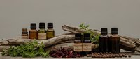 Natural aromatherapy essential oil bottles with organic herbs, coffee beans and wooden sticks for spa wellness and holistic healing treatments.