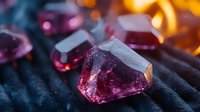 Vibrant pink crystal gems with faceted surfaces catch golden light against dark textured background, creating magical sparkle and luxurious gemstone atmosphere.