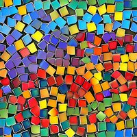 Vibrant mosaic pattern of colorful square tiles arranged in random layout creates dynamic abstract background. Seamless repeat design for fabric and wallpaper.