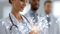Young female doctor in white coat with stethoscope using innovative holographic medical interface, digital healthcare technology visualization with glowing network effect.