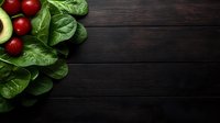Fresh green spinach leaves, ripe red tomatoes and avocado on dark wooden background with copy space. Clean eating and healthy food concept.