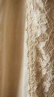 Delicate cream lace trim with intricate floral patterns and scalloped edges on soft fabric background for wedding dress details and romantic textile design.