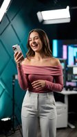 Happy young woman using smartphone in modern office space with colorful lighting and contemporary interior design for business communication.