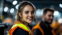 Young female construction worker in safety vest smiling at construction site with bokeh lights and coworker in background, representing workplace diversity and safety.
