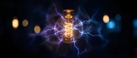 Vintage Edison bulb with electric lightning bolts and energy sparks on dark background with bokeh lights for creative design projects.
