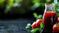 Fresh tomato juice in glass bottle with ripe red tomatoes and green basil leaves on dark surface. Healthy organic vegetable drink for breakfast and diet.