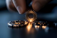 Metal gear wheels with dramatic lighting and shallow depth of field, fingers holding mechanical part above industrial components. Engineering concept with warm glow.