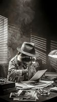 Anthropomorphic raccoon detective in fedora hat examining documents at desk with dramatic lighting and venetian blind shadows in noir style office.