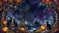 Spooky autumn night scene with black cats, glowing pumpkins, haunted castle, and mystical forest trees with golden foliage frame. Halloween themed artwork.