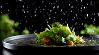 Fresh green salad with mixed herbs and vegetables on dark plate against black background with water drops falling, dramatic food photography for restaurant menu.