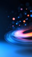 Glowing spiral light trail with blue and pink neon colors against dark background, floating bokeh particles create magical atmosphere for technology designs.