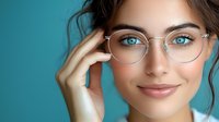 Young woman with bright blue eyes wearing round glasses frames smiling gently against turquoise background, natural makeup and casual style for optical store advertising.