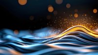 Glowing golden light wave with sparkling particles flowing over smooth blue waves against dark background, creating dynamic abstract design.