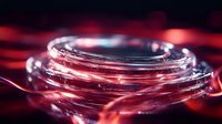 Glowing red glass spiral with transparent layers creates dramatic lighting effect against dark background, abstract macro photography for modern design.